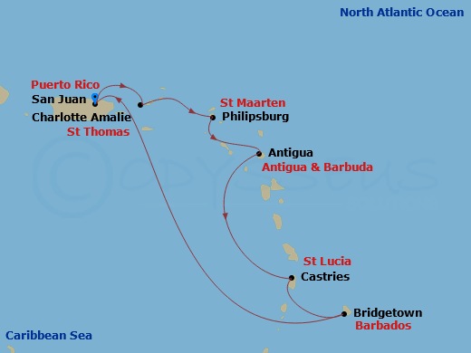 Crown Princess - 7 Night - Southern Caribbean with Barbados and St. Lucia - Crown Princess - Starting in San Juan, Puerto Rico, St Thomas, US Virgin Islands, St Maarten, Antig.. itinerary map