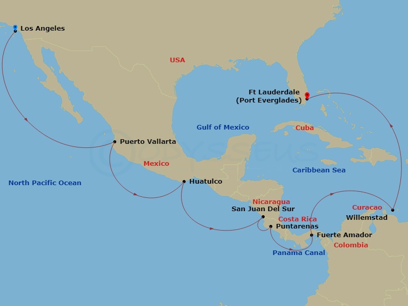 Crown Princess - 16 Night - Panama Canal - Ocean to Ocean - Crown Princess - Starting in Los Angeles, California, Puerto Vallarta, Mexico, Huatulco, Mexico, Puerto Chiapas, Me.. itinerary map
