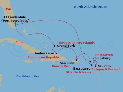 Enchanted Princess - 10 Night - Eastern Caribbean with St. Kitts - Enchanted Princess - Starting in Fort Lauderdale, Florida, Grand Turk, Turks and Caicos, Amber Cove, Dominican R.. itinerary map