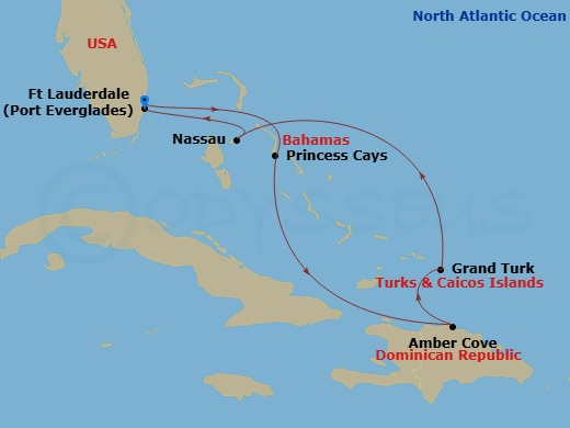 Regal Princess - 7 Night - Eastern Caribbean with Turks & Caicos - Regal Princess - Starting in Fort Lauderdale, Florida, Princess Cays, Bahamas, Amber Cove, Dominican Republi.. itinerary map