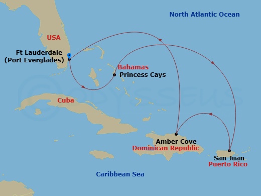 Sun Princess - 7 Night - Eastern Caribbean with Puerto Rico - Sun Princess - Starting in Fort Lauderdale, Florida, Princess Cays, Bahamas, San Juan, Puerto Rico, Amber Cove,.. itinerary map
