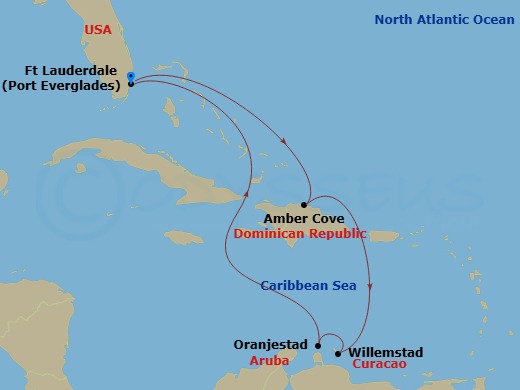 Regal Princess - 8 Night - Southern Caribbean with Abc Islands - Regal Princess - Starting in Fort Lauderdale, Florida, Amber Cove, Dominican Republic, Curacao, Aruba, Fort La.. itinerary map