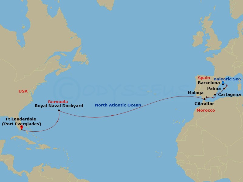 Celebrity Eclipse - 14 Night - Spain & Bermuda Transatlantic - Celebrity Eclipse - Starting in Barcelona, Spain, Palma De Mallorca, Spain, Cartagena ES, Malaga, Spain, Gibraltar,.. itinerary map