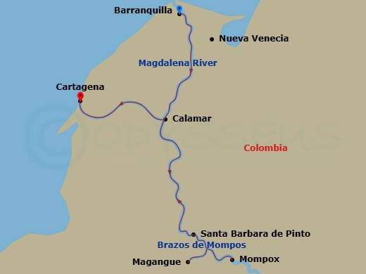 7 Night - Magic of Colombia (Soulful) - AmaMagdalena - Starting in Barranquilla, Nueva Venecia, Santa Barbara de Pinto, Mompox, Magangue, Calamar, Cartagena CO itinerary map