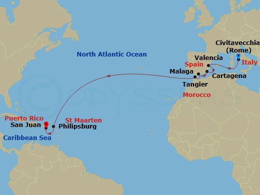 Celebrity Constellation - 15 Night - Spain & Morocco Transatlantic - Celebrity Constellation - Starting in Rome (Civitavecchia), Italy, Valencia, Spain, Cartagena ES, Malaga, Spain, Ta.. itinerary map