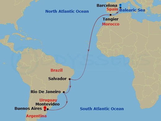 16 Night - Spain to Argentina Transatlantic - Celebrity Equinox - Starting in Barcelona, Spain, Tangier, Morocco, Salvador De Bahia, Brazil, Rio De Janeiro, Brazil, Montevideo, Uruguay, Buenos Aires, Argentina itinerary map