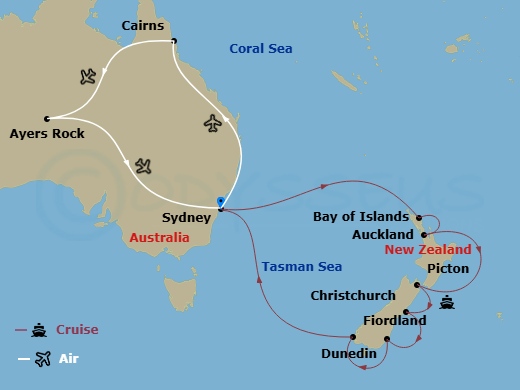 Royal Princess Cruise Tours - 19 Night - Australian Outback - Tour 3K - Royal Princess Cruise Tours - Starting in Sydney AU, Cairns, Australia, Uluru (Ayers Rock), Australia, Sydney AU, Ba.. itinerary map