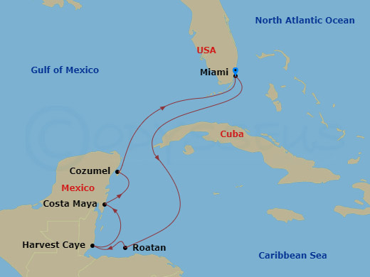 NCL Norwegian Luna - 7 Night - Western Caribbean - Miami - NCL Norwegian Luna - Starting in Miami, Fl, Roatan Bay Islands, Honduras, Harvest Caye, Belize, Costa Maya, Mexico, Cozu.. itinerary map