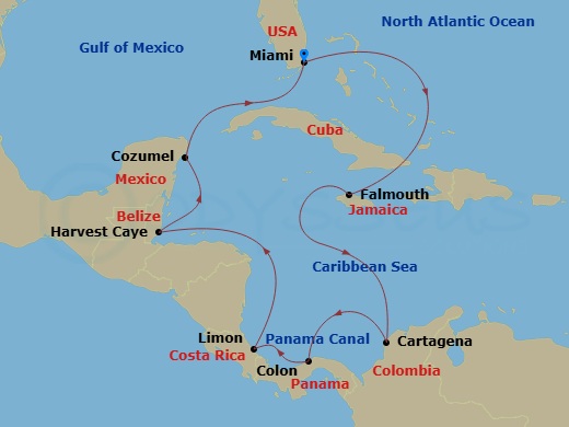 NCL Norwegian Sun - 11 Night - Panama Canal - Miami - NCL Norwegian Sun - Starting in Miami, Fl, Falmouth, Jamaica, Cartagena CO, Panama Canal Gatun Lake, Panama, Colon, Panama,.. itinerary map