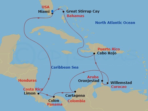 NCL Norwegian Sun - 12 Night - Panama Canal - Miami - NCL Norwegian Sun - Starting in Miami, Fl, Great Stirrup Cay, Bahamas, Cabo Rojo, Dominican Republic, Oranjestad, Aruba, Wil.. itinerary map
