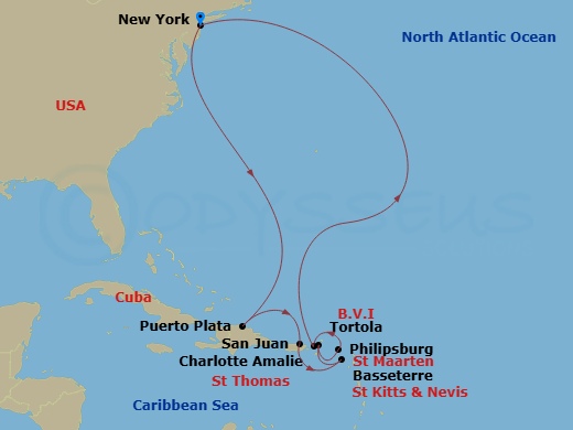 NCL Norwegian Bliss - 12 Night - Eastern Caribbean - New York - NCL Norwegian Bliss - Starting in New York City, Ny, Puerto Plata, Dominican Republic, San Juan, Pr, Basseterre, Sai.. itinerary map
