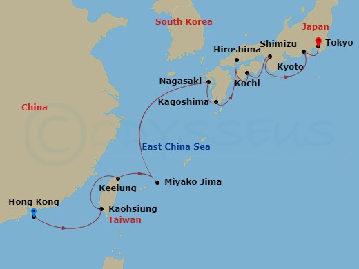 NCL Norwegian Jade - 11 Night - Asia - East Asia - NCL Norwegian Jade - Starting in Hong Kong, China, Kaohsiung, Taiwan, Taipei / Keelung, Taiwan, Miyako-Jima / Okinawa, Japan, Na.. itinerary map
