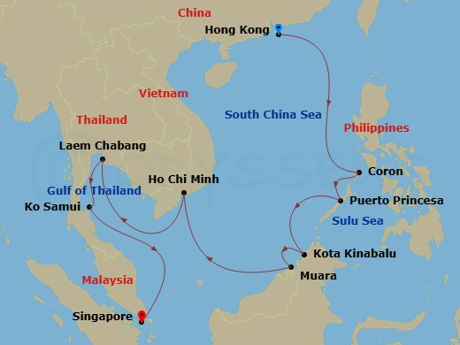 NCL Norwegian Jade - 12 Night - Asia - South East - NCL Norwegian Jade - Starting in Hong Kong, China, Coron, Philippines, Puerto Princesa, Philippines, Kota Kinabalu, Malaysia, M.. itinerary map
