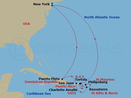 NCL Norwegian Bliss - 12 Night - Eastern Caribbean - New York - NCL Norwegian Bliss - Starting in New York City, Ny, Puerto Plata, Dominican Republic, San Juan, Pr, Basseterre, Sai.. itinerary map