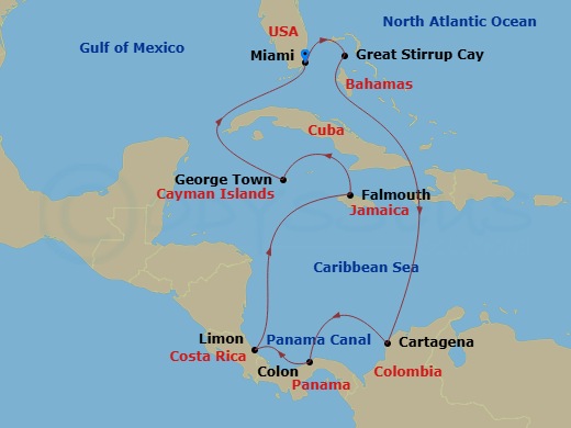 NCL Norwegian Sun - 11 Night - Panama Canal - Miami - NCL Norwegian Sun - Starting in Miami, Fl, Great Stirrup Cay, Bahamas, Cartagena CO, Panama Canal Gatun Lake, Panama, Colon,.. itinerary map