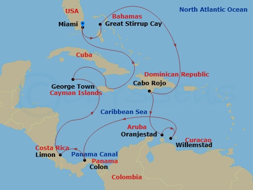 NCL Norwegian Sun - 12 Night - Panama Canal - Miami - NCL Norwegian Sun - Starting in Miami, Fl, Great Stirrup Cay, Bahamas, Cabo Rojo, Dominican Republic, Oranjestad, Aruba, Wil.. itinerary map