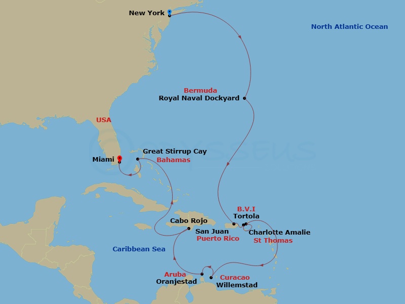 NCL Norwegian Sun - 13 Night - Southern Caribbean - New York - NCL Norwegian Sun - Starting in New York City, Ny, Royal Naval Dockyard, Bermuda, San Juan, Pr, St Thomas, Vi, Tort.. itinerary map