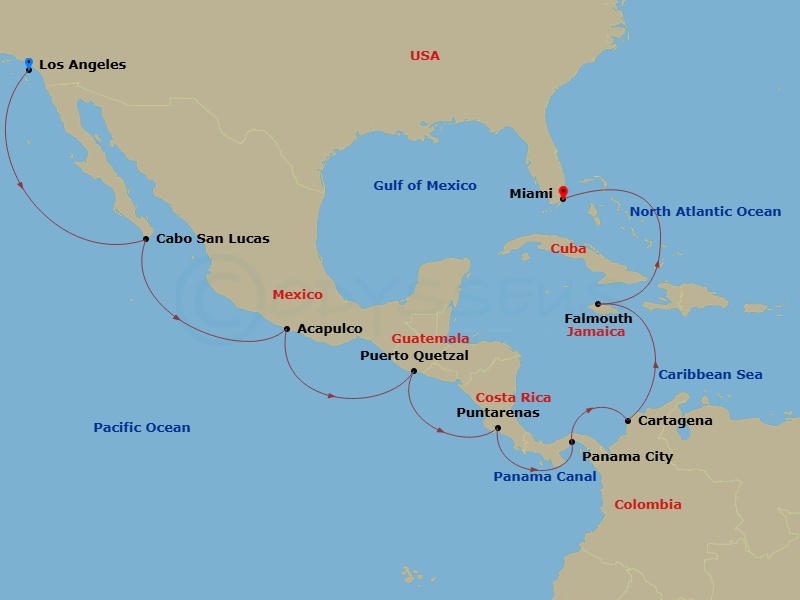 NCL Norwegian Bliss - 16 Night - Repo - Panama Canal - NCL Norwegian Bliss - Starting in Los Angeles, Ca, Cabo San Lucas, Mexico, Acapulco, Mexico, Puerto Quetzal, Guatemala, Puert.. itinerary map