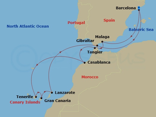 Celebrity Infinity - 12 Night - Canaries, Spain & Morocco - Celebrity Infinity - Starting in Barcelona, Spain, Malaga, Spain, Tangier, Morocco, Casablanca, Morocco, Tenerife, Cana.. itinerary map