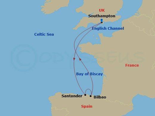 Borealis - 5 Night - Southern Europe Roundtrip from Southampton - Borealis - Starting in Southampton, Getxo (Bilbao), Santander, Southampton itinerary map