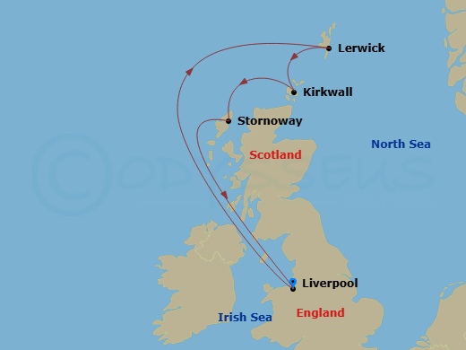 Bolette - 6 Night - Western Europe Roundtrip from Liverpool - Bolette - Starting in Liverpool, Lerwick, Kirkwall, Stornoway, Cruising by Dutchmans Cap, Cruising by Fing.. itinerary map