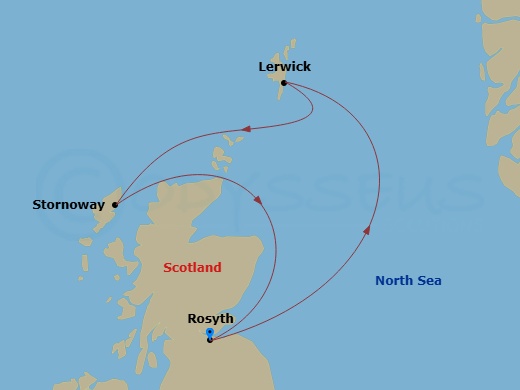 Balmoral - 5 Night - Western Europe Roundtrip from Rosyth - Balmoral - Starting in Rosyth, Cruise by Troup Head, Lerwick, Stornoway, Cruising by Duncansby Sea Stacks, Ro.. itinerary map