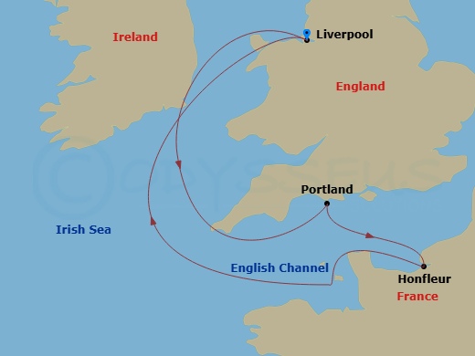 Bolette - 5 Night - Western Europe Roundtrip from Liverpool - Bolette - Starting in Liverpool, Portland UK, Honfleur, Liverpool itinerary map