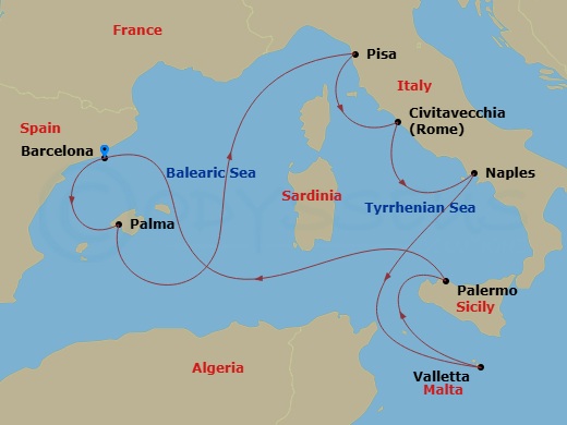 Celebrity Equinox - 10 Night - Italy, Spain & Malta Cruise - Celebrity Equinox - Starting in Barcelona, Spain, Palma De Mallorca, Spain, Florence / Pisa (La Spezia), Italy, Rome.. itinerary map