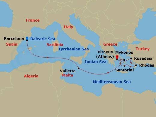 Celebrity Xcel - 8 Night - Greece, Malta & Turkey Cruise - Celebrity Xcel - Starting in Barcelona, Spain, Valletta, Malta, Ephesus (Kusadasi), Turkey, Rhodes, Greece, Santorin.. itinerary map