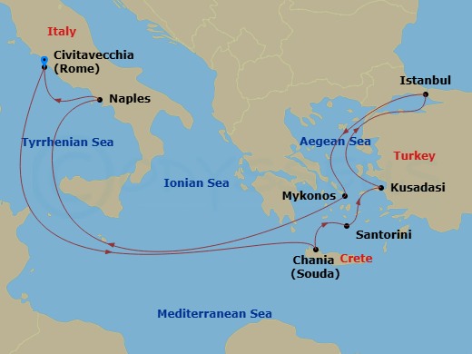 Celebrity Ascent - 11 Night - Greece, Turkey & Italy Cruise - Celebrity Ascent - Starting in Rome (Civitavecchia), Italy, Chania (Souda), Crete, Greece, Santorini, Greece, Ephes.. itinerary map