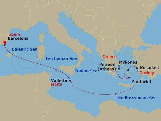 Celebrity Xcel - 7 Night - Greece, Malta & Turkey Cruise - Celebrity Xcel - Starting in Athens (Piraeus), Greece, Santorini, Greece, Mykonos, Greece, Ephesus (Kusadasi), Turke.. itinerary map
