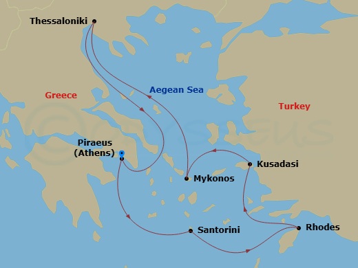 Celebrity Infinity - 7 Night - Best of Greece Cruise - Celebrity Infinity - Starting in Athens (Piraeus), Greece, Santorini, Greece, Rhodes, Greece, Ephesus (Kusadasi), Turkey, My.. itinerary map