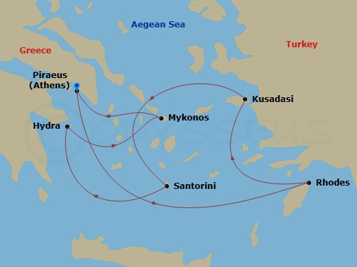 Celebrity Infinity - 7 Night - Best of Greece Cruise - Celebrity Infinity - Starting in Athens (Piraeus), Greece, Rhodes, Greece, Ephesus (Kusadasi), Turkey, Santorini, Greece, Hy.. itinerary map