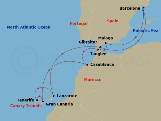 Celebrity Infinity - 12 Night - Canaries, Spain & Morocco - Celebrity Infinity - Starting in Barcelona, Spain, Malaga, Spain, Tangier, Morocco, Casablanca, Morocco, Gran Canaria,.. itinerary map