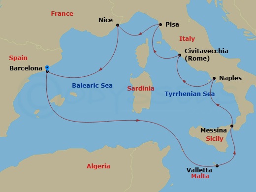 Celebrity Equinox - 10 Night - Italy, France & Malta Cruise - Celebrity Equinox - Starting in Barcelona, Spain, Valletta, Malta, Sicily (Messina), Italy, Naples, Italy, Rome (Civ.. itinerary map