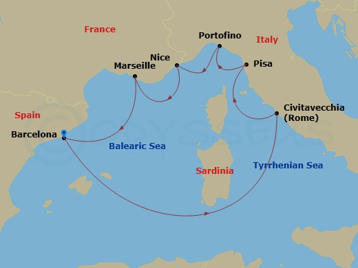 Celebrity Equinox - 9 Night - Italian Riviera & France - Celebrity Equinox - Starting in Barcelona, Spain, Rome (Civitavecchia), Italy, Florence / Pisa (La Spezia), Italy, Portof.. itinerary map