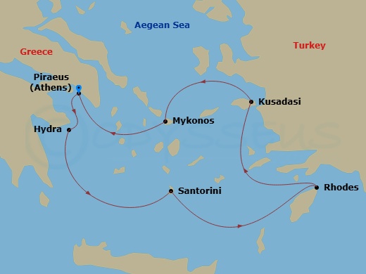 Celebrity Infinity - 7 Night - Best of Greece Cruise - Celebrity Infinity - Starting in Athens (Piraeus), Greece, Hydra, Greece, Santorini, Greece, Rhodes, Greece, Ephesus (Kusada.. itinerary map