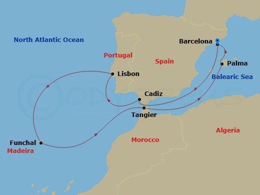 Celebrity Xcel - 11 Night - Spain, Portugal & Morocco - Celebrity Xcel - Starting in Barcelona, Spain, Seville (Cadiz), Spain, Lisbon, Portugal, Madeira (Funchal), Portugal, T.. itinerary map