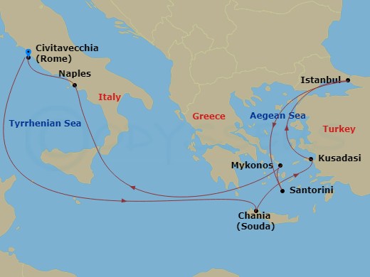 Celebrity Ascent - 11 Night - Greece, Turkey & Italy Cruise - Celebrity Ascent - Starting in Rome (Civitavecchia), Italy, Chania (Souda), Crete, Greece, Ephesus (Kusadasi), Turk.. itinerary map