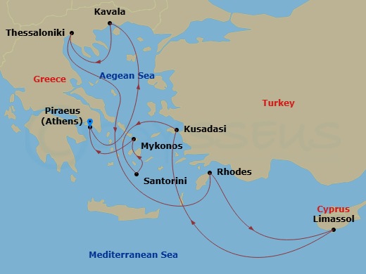 Celebrity Infinity - 10 Night - Greece, Turkey & Cyprus Cruise - Celebrity Infinity - Starting in Athens (Piraeus), Greece, Kavala, Greece, Thessaloniki, Greece, Rhodes, Greece, L.. itinerary map