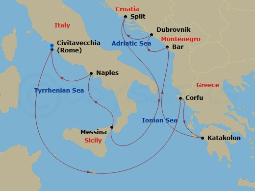 Celebrity Ascent - 10 Night - Italy, Greece & Croatia Cruise - Celebrity Ascent - Starting in Rome (Civitavecchia), Italy, Corfu, Greece, Olympia (Katakolon), Greece, Montenegro.. itinerary map