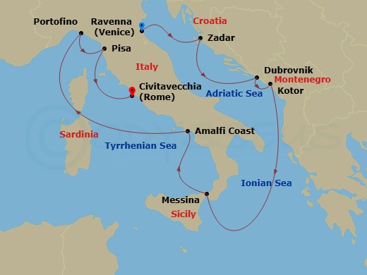 Celebrity Constellation - 10 Night - Best of Italy & Croatia Cruise - Celebrity Constellation - Starting in Ravenna, Italy, Zadar, Croatia, Dubrovnik, Croatia, Kotor, Montenegro, Sicil.. itinerary map