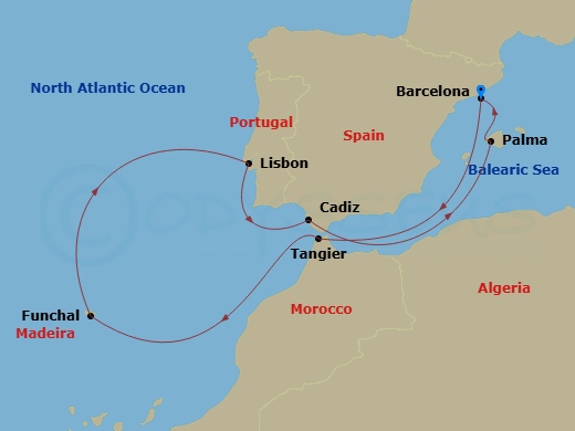 Celebrity Xcel - 11 Night - Spain, Portugal & Morocco - Celebrity Xcel - Starting in Barcelona, Spain, Tangier, Morocco, Madeira (Funchal), Portugal, Lisbon, Portugal, Seville.. itinerary map