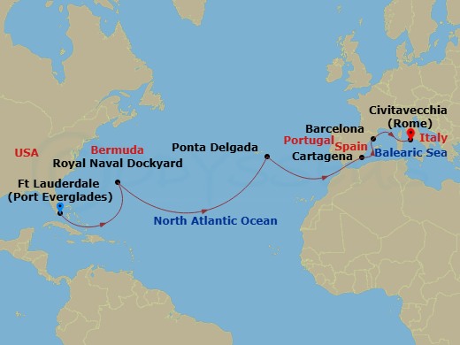 Celebrity Ascent - 14 Night - Spain & Bermuda Transatlantic - Celebrity Ascent - Starting in Fort Lauderdale, Florida, Royal Naval Dockyard, Bermuda, Ponta Delgada, Azores, Cart.. itinerary map