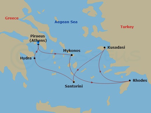 Celebrity Infinity - 7 Night - Best of Greece Cruise - Celebrity Infinity - Starting in Athens (Piraeus), Greece, Mykonos, Greece, Rhodes, Greece, Ephesus (Kusadasi), Turkey, Sant.. itinerary map
