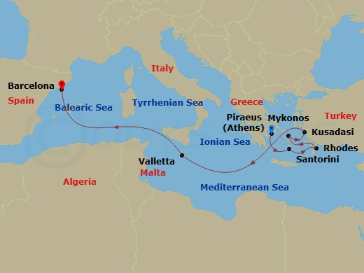 Celebrity Xcel - 8 Night - Greece, Malta & Turkey Cruise - Celebrity Xcel - Starting in Athens (Piraeus), Greece, Santorini, Greece, Rhodes, Greece, Mykonos, Greece, Ephesus (.. itinerary map