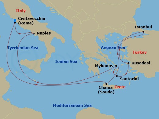 Celebrity Ascent - 11 Night - Greece, Turkey & Italy Cruise - Celebrity Ascent - Starting in Rome (Civitavecchia), Italy, Chania (Souda), Crete, Greece, Istanbul, Turkey, Ephesu.. itinerary map