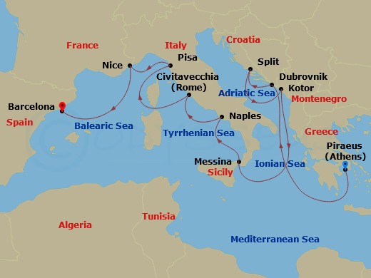 Celebrity Infinity - 12 Night - Italy, Croatia & France - Celebrity Infinity - Starting in Athens (Piraeus), Greece, Dubrovnik, Croatia, Split, Croatia, Kotor, Montenegro, Sicily.. itinerary map