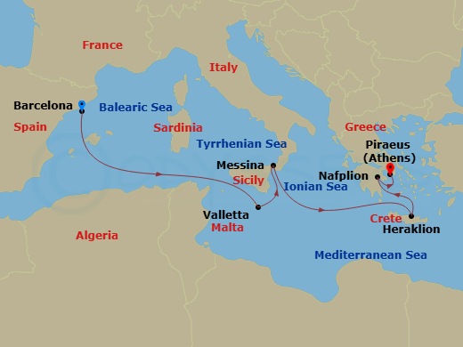 Celebrity Infinity - 7 Night - Italy, Greece & Malta Cruise - Celebrity Infinity - Starting in Barcelona, Spain, Valletta, Malta, Sicily (Messina), Italy, Heraklion (Iraklion), Cr.. itinerary map