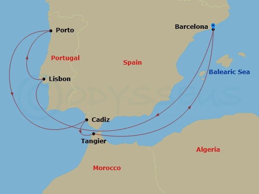 Celebrity Equinox - 9 Night - Spain, Portugal & Morocco - Celebrity Equinox - Starting in Barcelona, Spain, Lisbon, Portugal, Porto (Leixoes), Portugal, Seville (Cadiz), Spain, T.. itinerary map